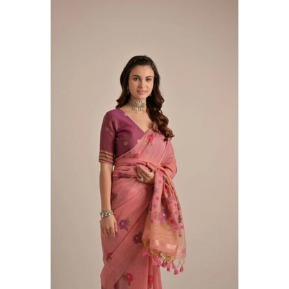 Generic Women's Blended_Cotton Floral Motifs And Woven Buttas Saree With Unstitched Blouse 5.5Mtr (Pink)