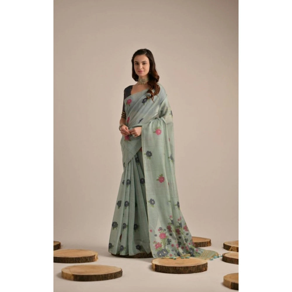 Generic Women's Blended_Cotton Floral Motifs And Woven Buttas Saree With Unstitched Blouse 5.5Mtr (Teal)
