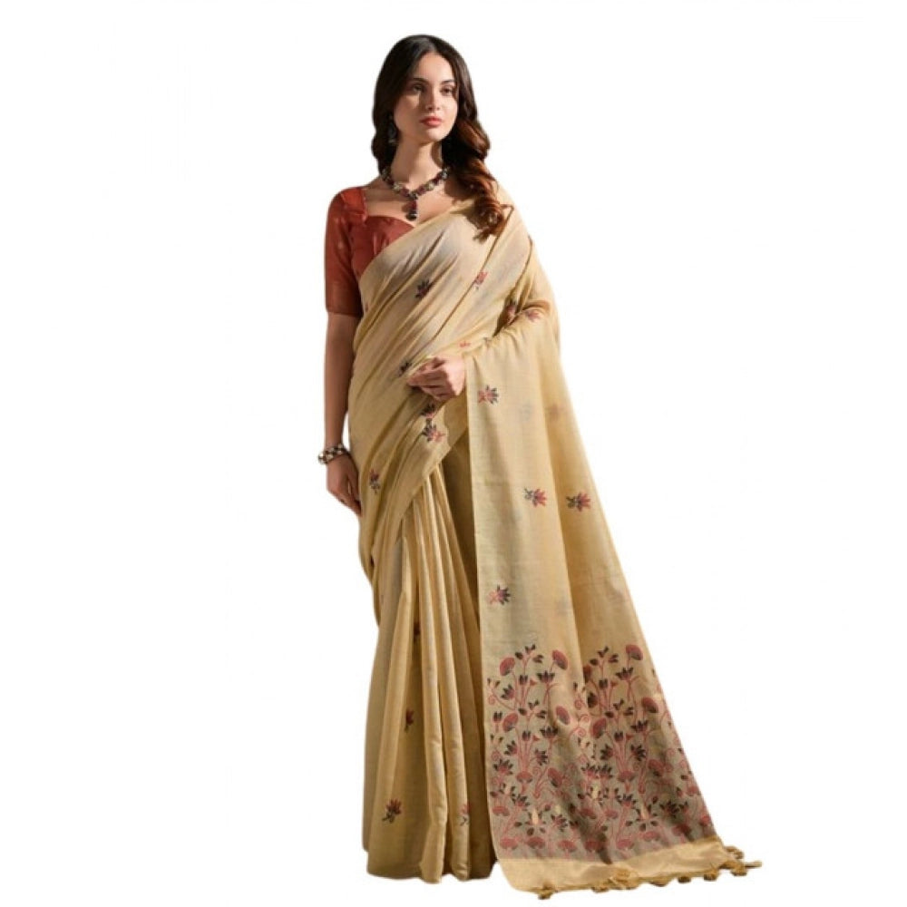 Generic Women's Blended_Cotton Floral Saree With Unstitched Blouse 5.5Mtr (Beige)
