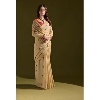 Generic Women's Blended_Cotton Floral Saree With Unstitched Blouse 5.5Mtr (Beige)