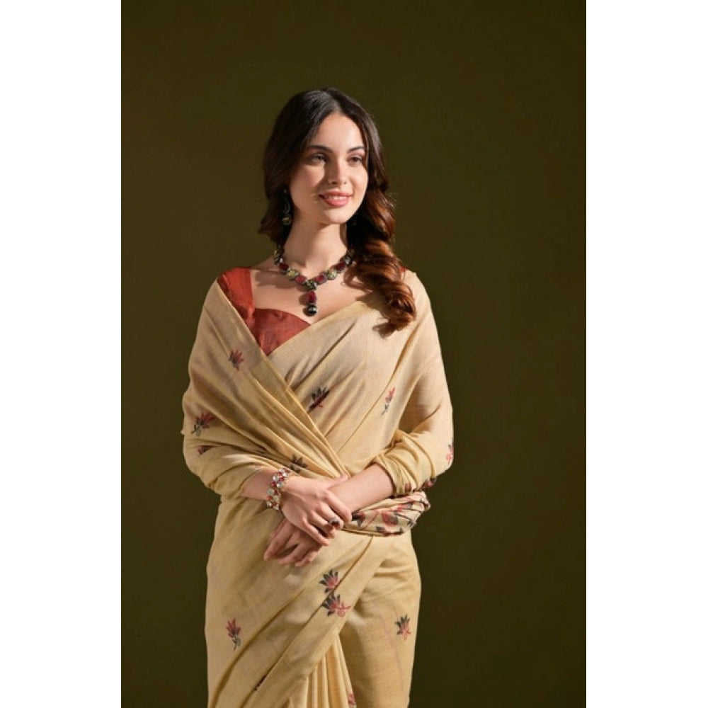Generic Women's Blended_Cotton Floral Saree With Unstitched Blouse 5.5Mtr (Beige)