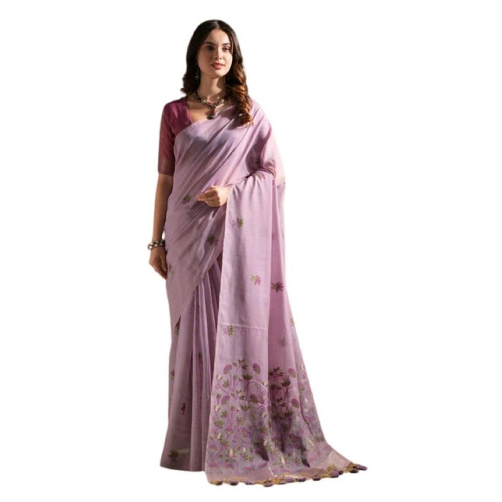 Generic Women's Blended_Cotton Floral Saree With Unstitched Blouse 5.5Mtr (Lavender)