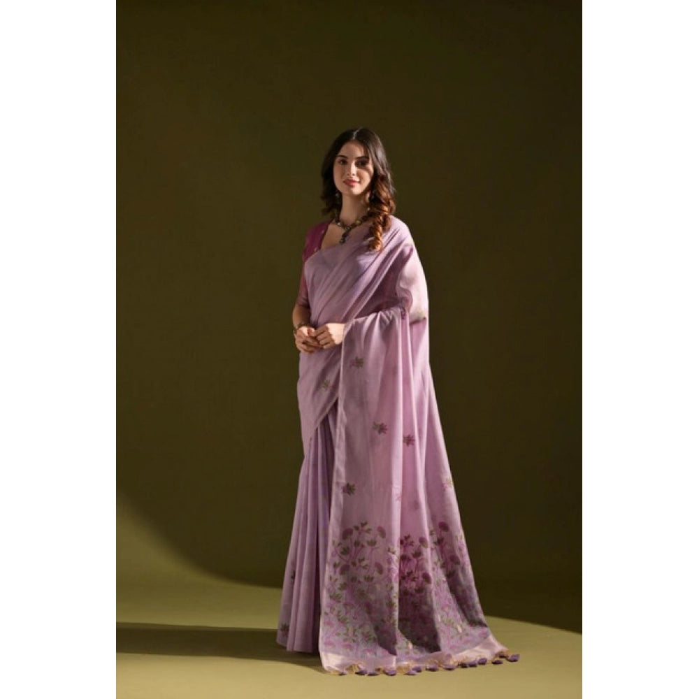 Generic Women's Blended_Cotton Floral Saree With Unstitched Blouse 5.5Mtr (Lavender)