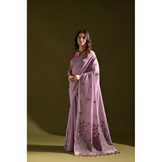 Generic Women's Blended_Cotton Floral Saree With Unstitched Blouse 5.5Mtr (Lavender)
