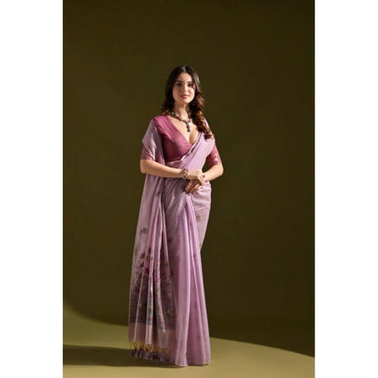 Generic Women's Blended_Cotton Floral Saree With Unstitched Blouse 5.5Mtr (Lavender)