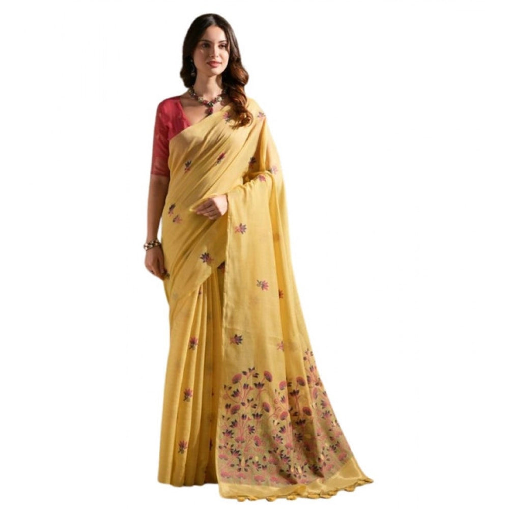 Generic Women's Blended_Cotton Floral Saree With Unstitched Blouse 5.5Mtr (Mustard)