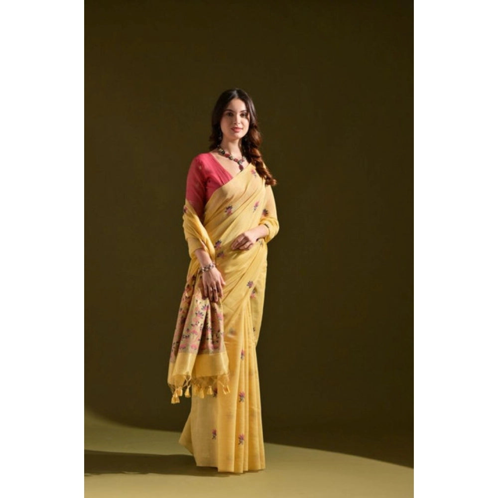 Generic Women's Blended_Cotton Floral Saree With Unstitched Blouse 5.5Mtr (Mustard)