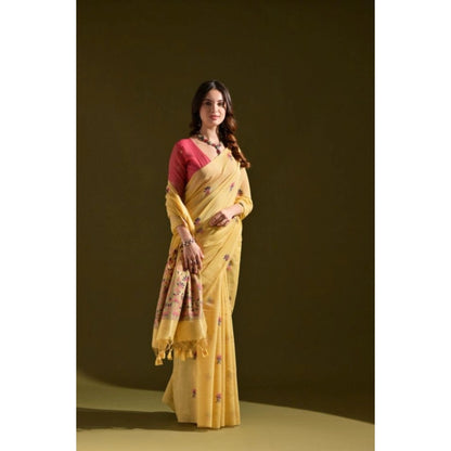 Generic Women's Blended_Cotton Floral Saree With Unstitched Blouse 5.5Mtr (Mustard)