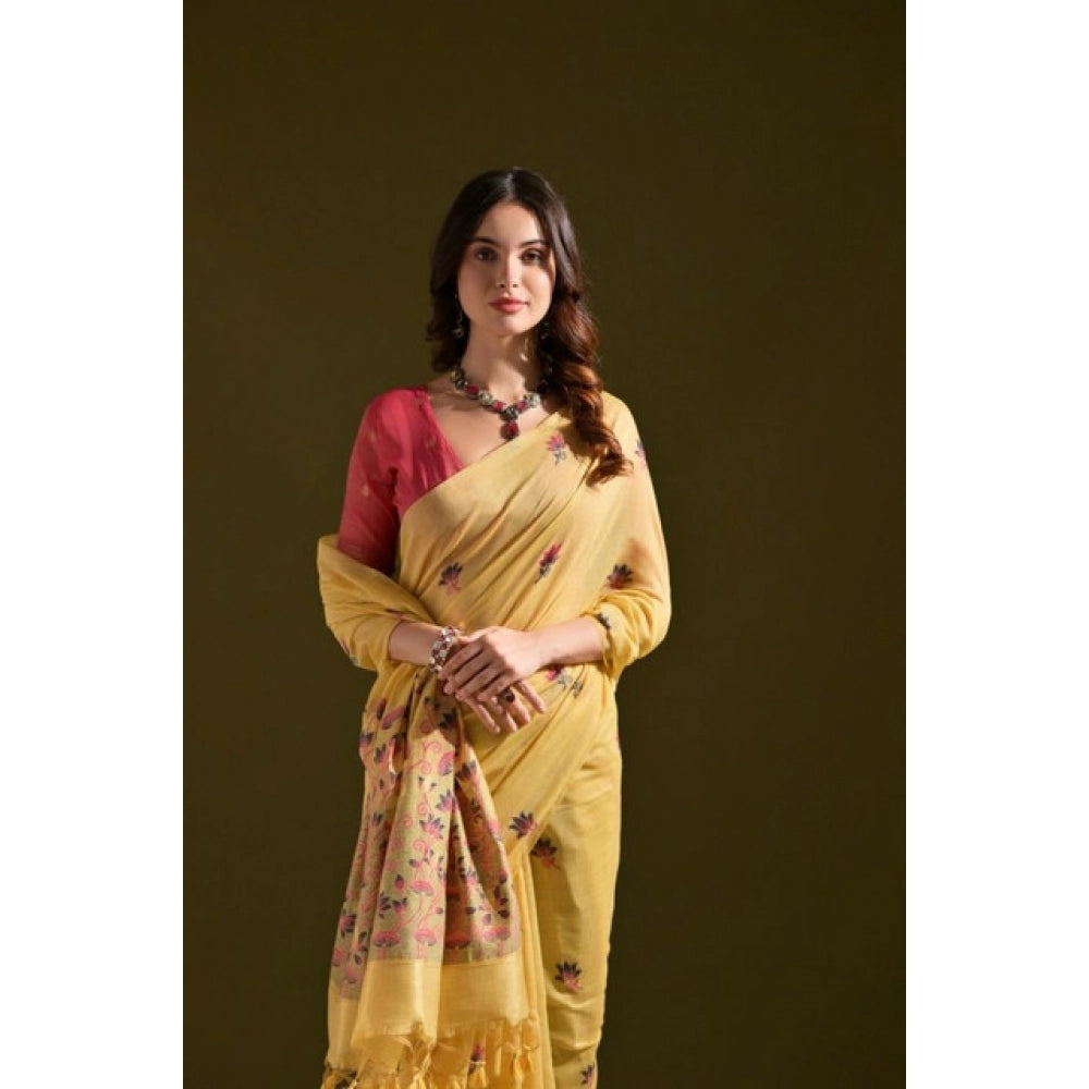 Generic Women's Blended_Cotton Floral Saree With Unstitched Blouse 5.5Mtr (Mustard)