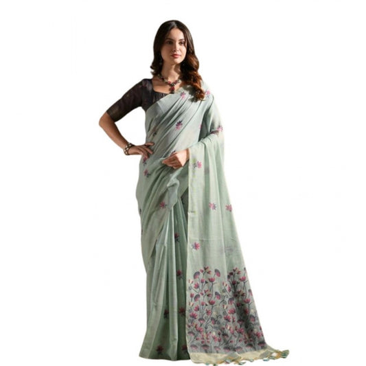 Generic Women's Blended_Cotton Floral Saree With Unstitched Blouse 5.5Mtr (Aqua_Blue)