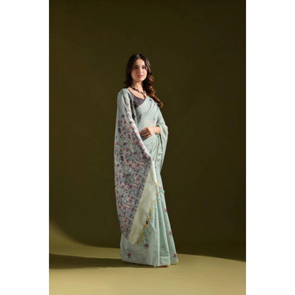 Generic Women's Blended_Cotton Floral Saree With Unstitched Blouse 5.5Mtr (Aqua_Blue)