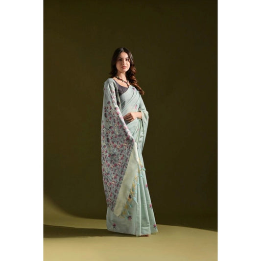 Generic Women's Blended_Cotton Floral Saree With Unstitched Blouse 5.5Mtr (Aqua_Blue)