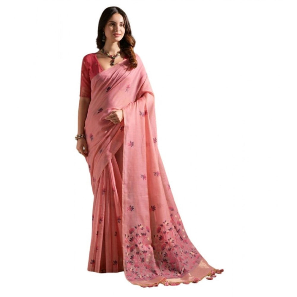 Generic Women's Blended_Cotton Floral Saree With Unstitched Blouse 5.5Mtr (Pink)