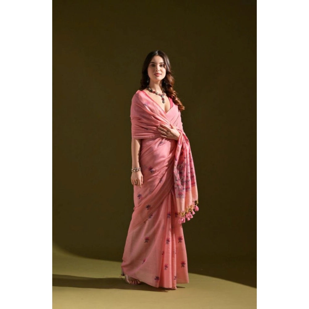 Generic Women's Blended_Cotton Floral Saree With Unstitched Blouse 5.5Mtr (Pink)