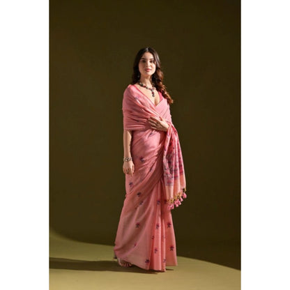Generic Women's Blended_Cotton Floral Saree With Unstitched Blouse 5.5Mtr (Pink)
