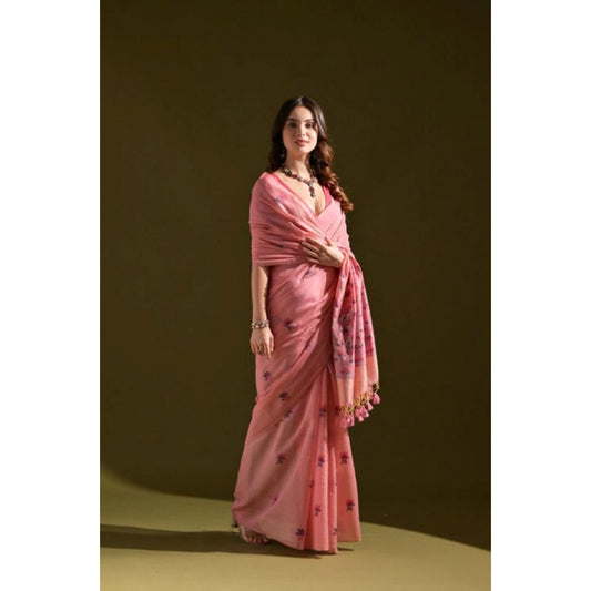 Generic Women's Blended_Cotton Floral Saree With Unstitched Blouse 5.5Mtr (Pink)