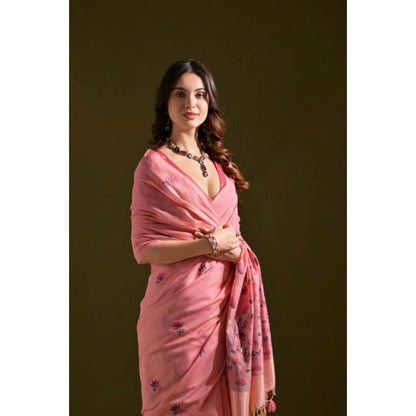 Generic Women's Blended_Cotton Floral Saree With Unstitched Blouse 5.5Mtr (Pink)