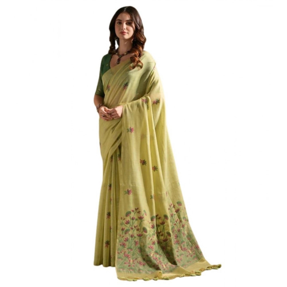 Generic Women's Blended_Cotton Floral Saree With Unstitched Blouse 5.5Mtr (Light_Green)