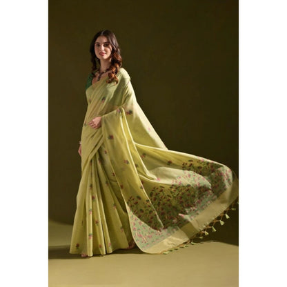 Generic Women's Blended_Cotton Floral Saree With Unstitched Blouse 5.5Mtr (Light_Green)