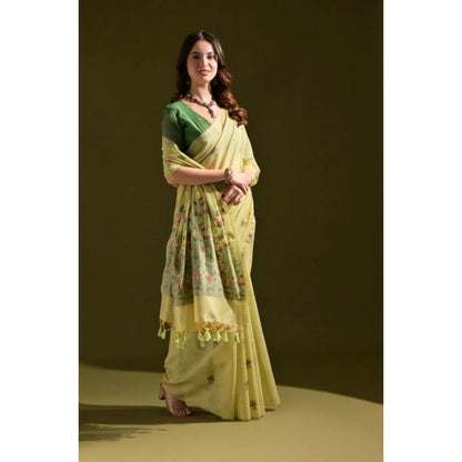 Generic Women's Blended_Cotton Floral Saree With Unstitched Blouse 5.5Mtr (Light_Green)