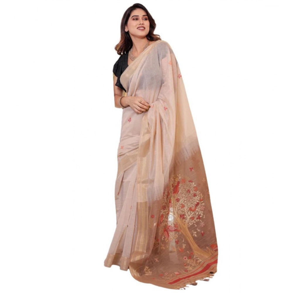 Generic Women's Blended_Cotton Woven_Motifs Saree With Unstitched Blouse 5.5Mtr (Light_Beige)