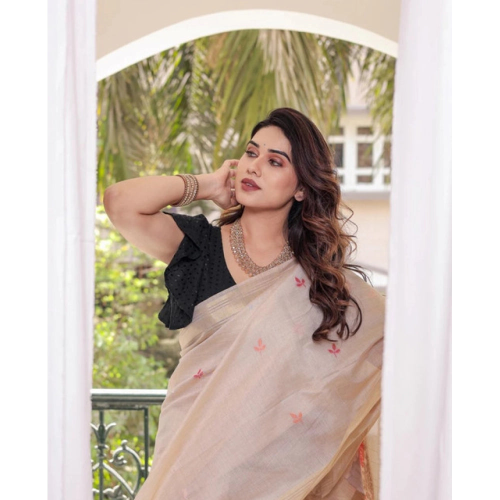 Generic Women's Blended_Cotton Woven_Motifs Saree With Unstitched Blouse 5.5Mtr (Light_Beige)