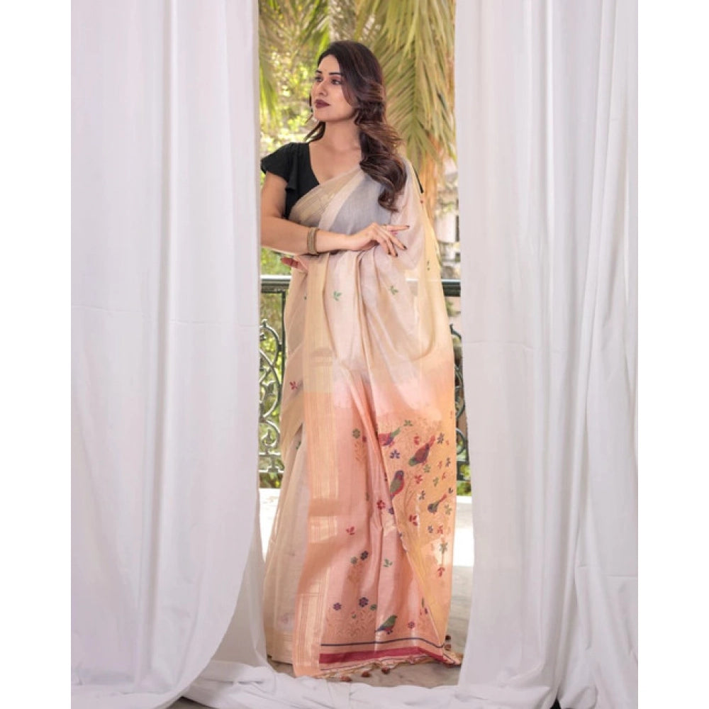 Generic Women's Blended_Cotton Woven_Motifs Saree With Unstitched Blouse 5.5Mtr (Peach)