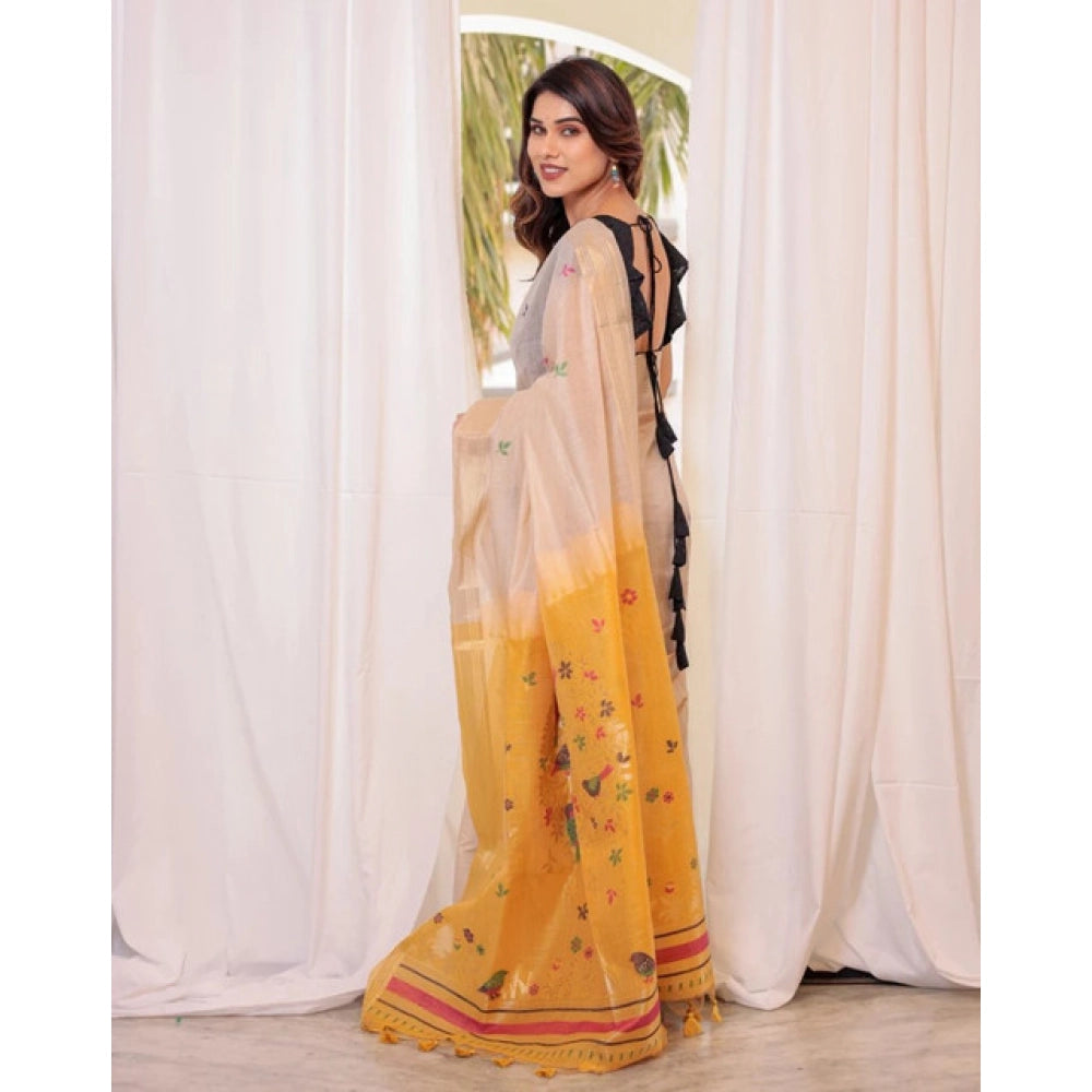 Generic Women's Blended_Cotton Woven_Motifs Saree With Unstitched Blouse 5.5Mtr (Yellow)