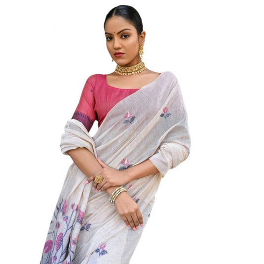 Generic Women's Blended_Cotton Floral Weaving Pattern Saree With Unstitched Blouse 5.5Mtr (Blue)