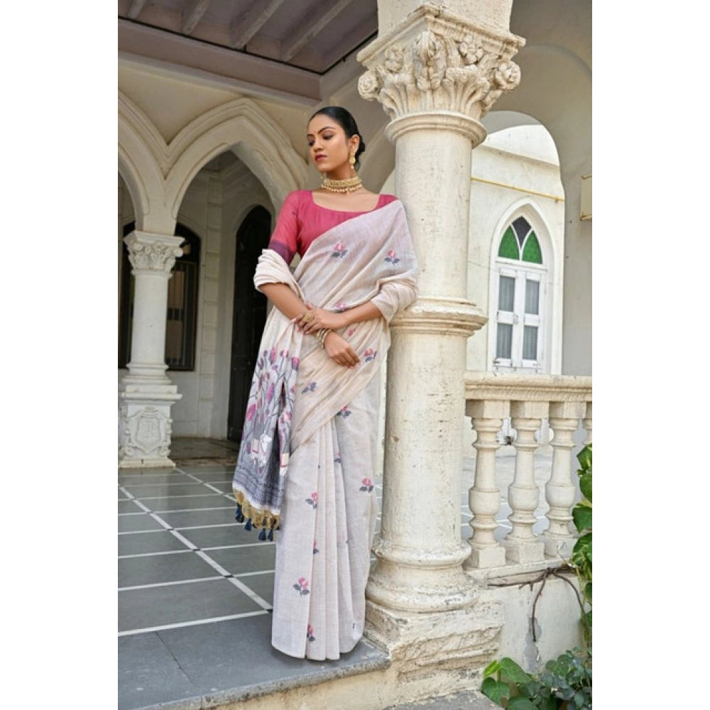 Generic Women's Blended_Cotton Floral Weaving Pattern Saree With Unstitched Blouse 5.5Mtr (Blue)