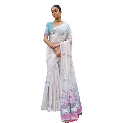 Generic Women's Blended_Cotton Floral Weaving Pattern Saree With Unstitched Blouse 5.5Mtr (Pink)