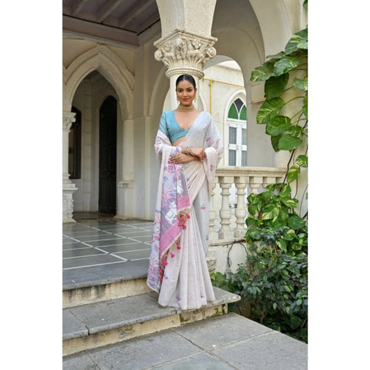 Generic Women's Blended_Cotton Floral Weaving Pattern Saree With Unstitched Blouse 5.5Mtr (Pink)
