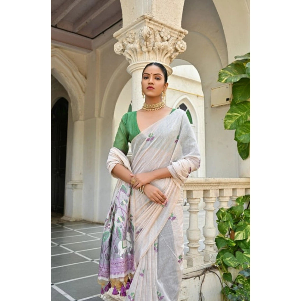 Generic Women's Blended_Cotton Floral Weaving Pattern Saree With Unstitched Blouse 5.5Mtr (Purple)