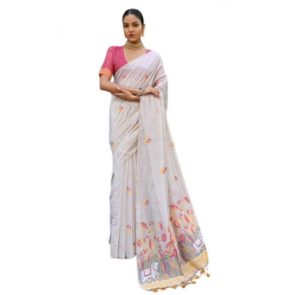 Generic Women's Blended_Cotton Floral Weaving Pattern Saree With Unstitched Blouse 5.5Mtr (Yellow)
