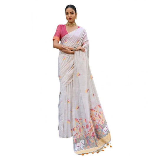 Generic Women's Blended_Cotton Floral Weaving Pattern Saree With Unstitched Blouse 5.5Mtr (Yellow)