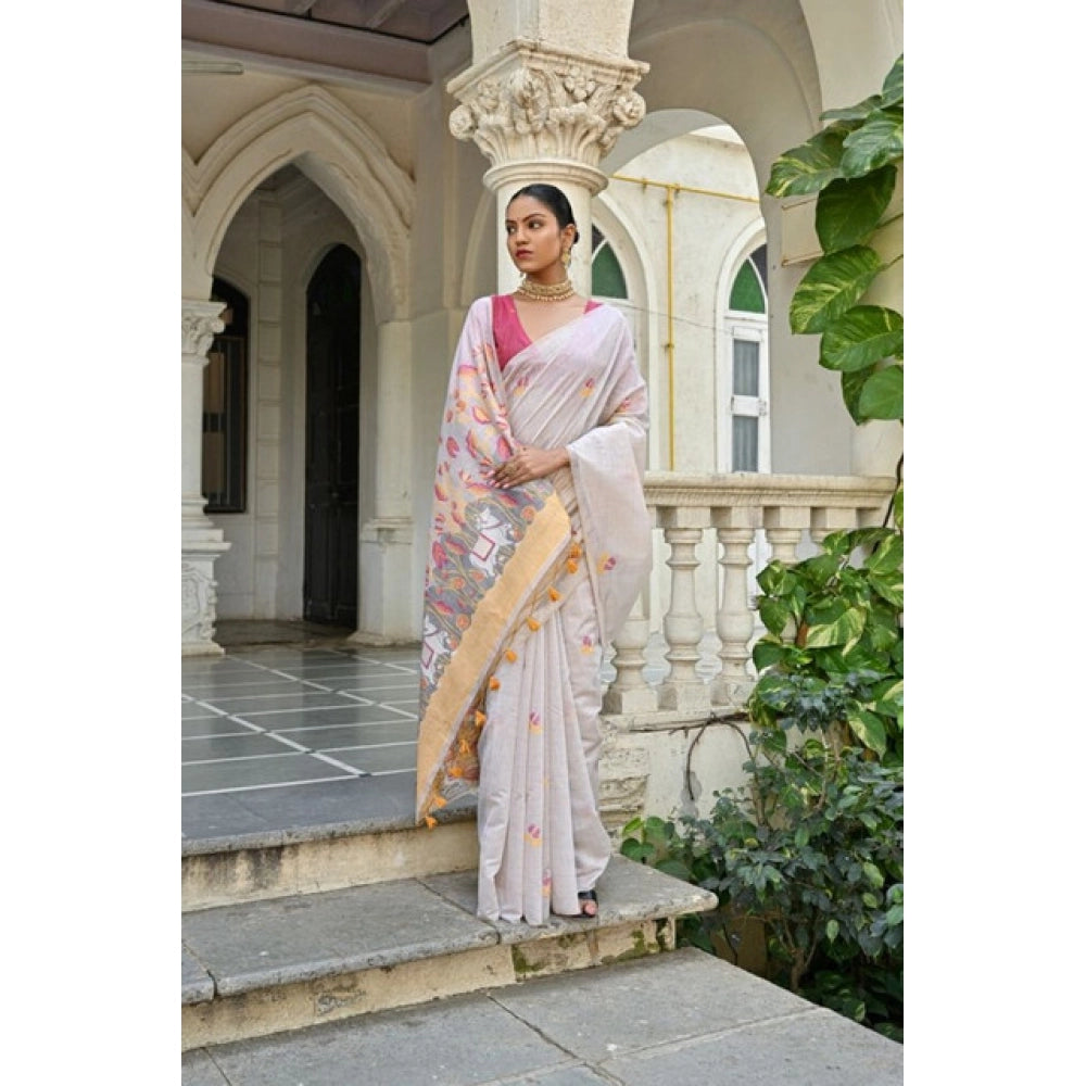 Generic Women's Blended_Cotton Floral Weaving Pattern Saree With Unstitched Blouse 5.5Mtr (Yellow)