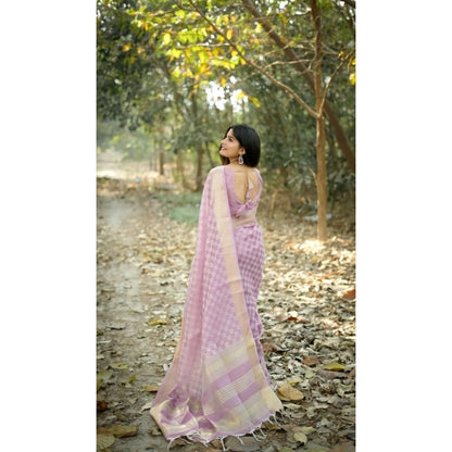 Generic Women's Silk_Blend Checked Saree With Unstitched Blouse 5.5Mtr (Lavender)