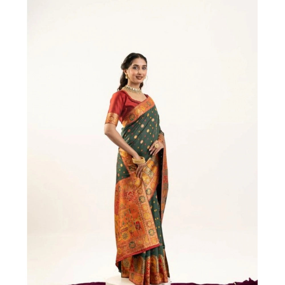 Generic Women's Faux_Banarasi Woven Motifs Saree With Unstitched Blouse 5.5Mtr (Dark_Green)