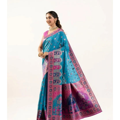 Generic Women's Faux_Banarasi Woven Motifs Saree With Unstitched Blouse 5.5Mtr (Teal)
