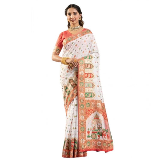Generic Women's Faux_Banarasi Woven Motifs Saree With Unstitched Blouse 5.5Mtr (White)