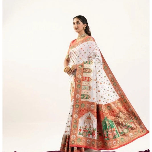 Generic Women's Faux_Banarasi Woven Motifs Saree With Unstitched Blouse 5.5Mtr (White)