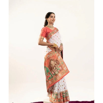 Generic Women's Faux_Banarasi Woven Motifs Saree With Unstitched Blouse 5.5Mtr (White)