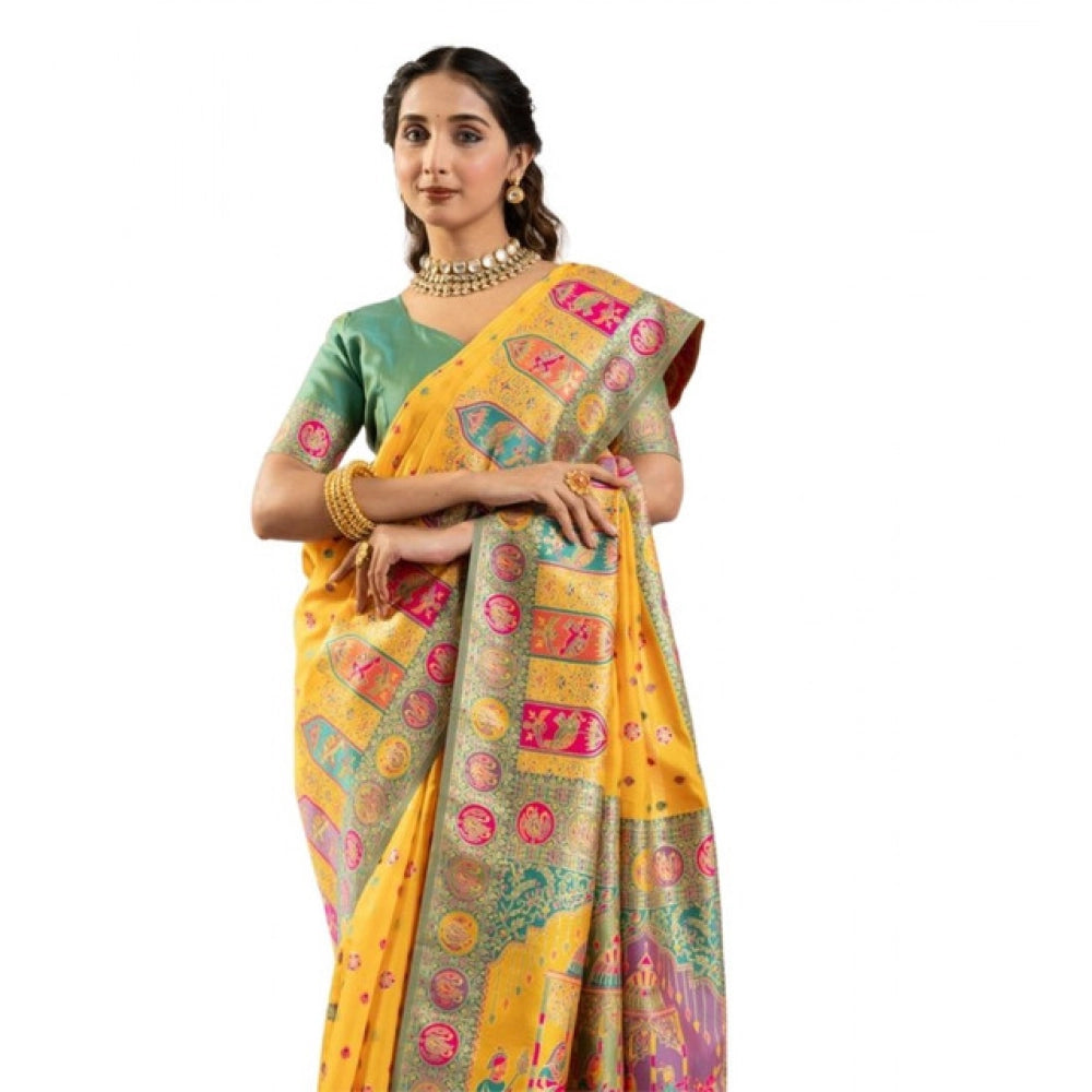 Generic Women's Faux_Banarasi Woven Motifs Saree With Unstitched Blouse 5.5Mtr (Yellow)