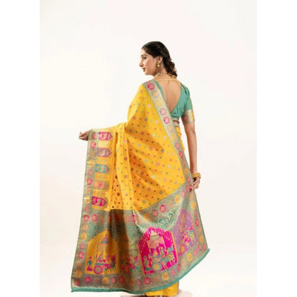 Generic Women's Faux_Banarasi Woven Motifs Saree With Unstitched Blouse 5.5Mtr (Yellow)