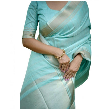 Generic Women's Faux_Banarasi Lining Pattern Saree With Unstitched Blouse 5.5Mtr (Light_Aqua_Blue)