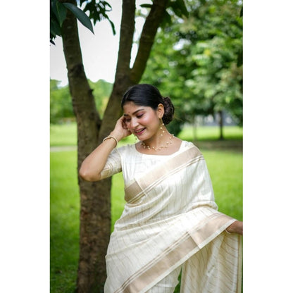 Generic Women's Faux_Banarasi Lining Pattern Saree With Unstitched Blouse 5.5Mtr (Off_White)