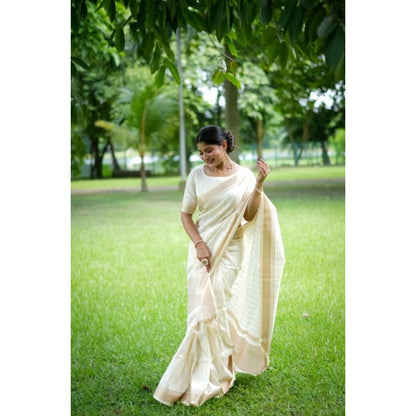 Generic Women's Faux_Banarasi Lining Pattern Saree With Unstitched Blouse 5.5Mtr (Off_White)