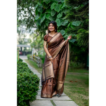 Generic Women's Faux_Banarasi Lining Pattern Saree With Unstitched Blouse 5.5Mtr (Light_Brown)