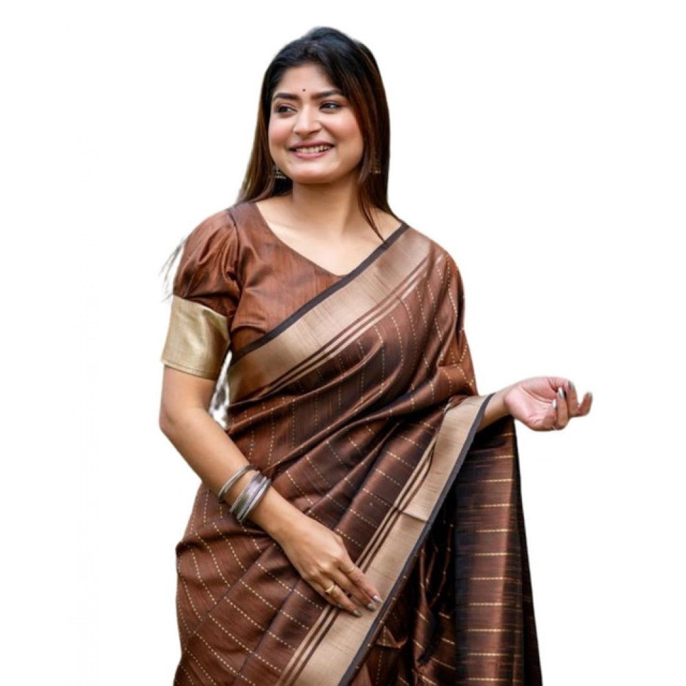 Generic Women's Faux_Banarasi Lining Pattern Saree With Unstitched Blouse 5.5Mtr (Light_Brown)