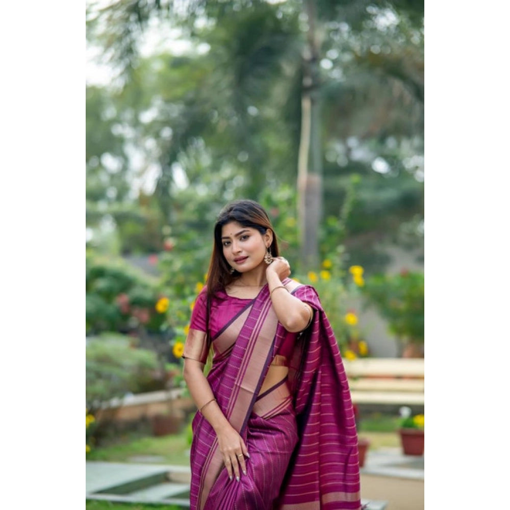 Generic Women's Faux_Banarasi Lining Pattern Saree With Unstitched Blouse 5.5Mtr (Magenta)